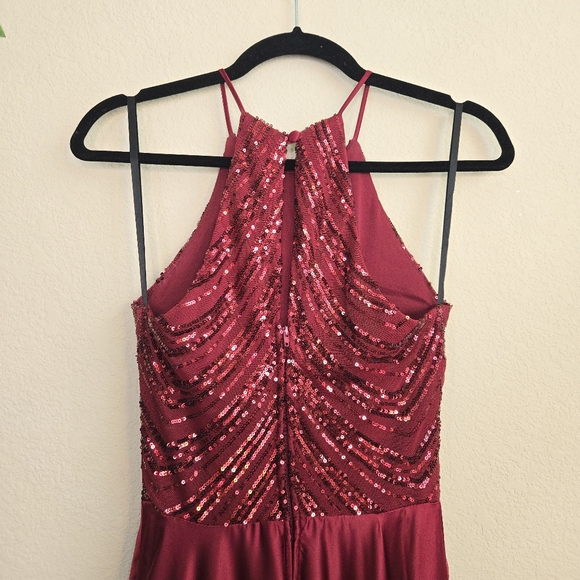 B. Darlin Women's Red Satin Sequin Halter Top Side Slit Maxi Dress Gown Sz 3/4 - Picture 4 of 16